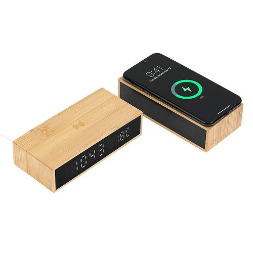 Wireless Mobil Şarj Cihazı ve Bambu Dijital Masa Saati Wireless Mobil Şarj Cihazı ve Bambu Dijital Masa Saati